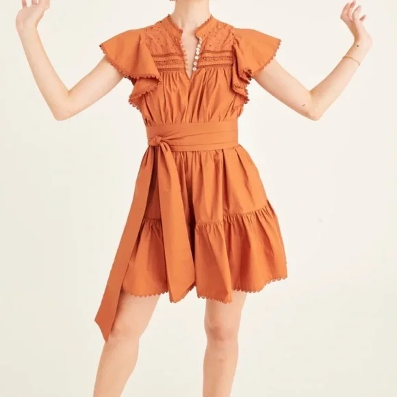 Secret Mission Bartolina Ruffled Cotton Crochet Flutter Sleeve Pocket Dress sz L - Picture 2 of 16